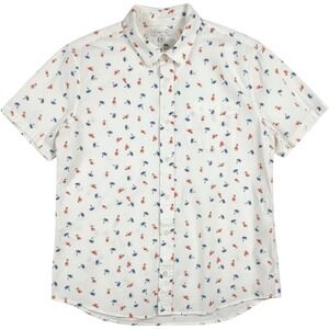 Cotton & Co Mens Short Sleeve Button Down‎ Shirt XL Cream Hula Girl Palm Tree